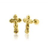 14K Yellow Gold Crucifix Screw Back Earrings