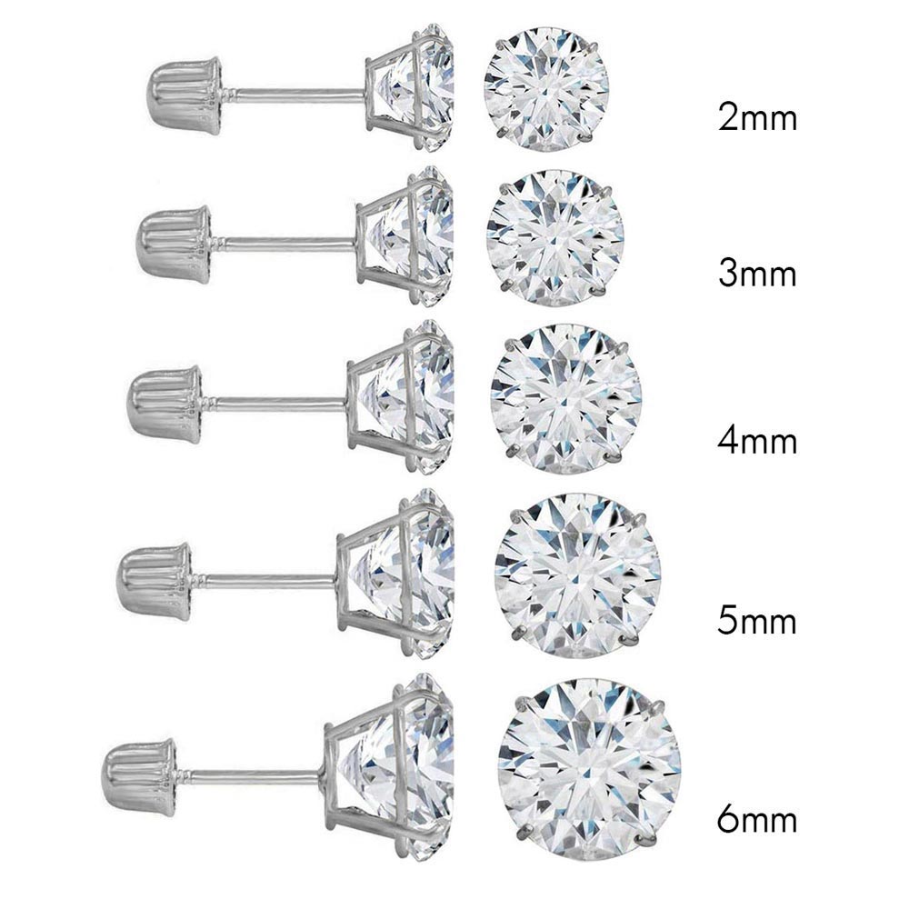 (Pack of 12)14K White Gold Round Cubic Zirconia Stud Earring Set on High Quality Prong SettingAnd Screw Back Post